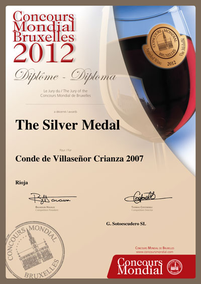 Concours Mondial de Bruxelles Silver Medal Diploma to Conde de Villaseñor Crianza